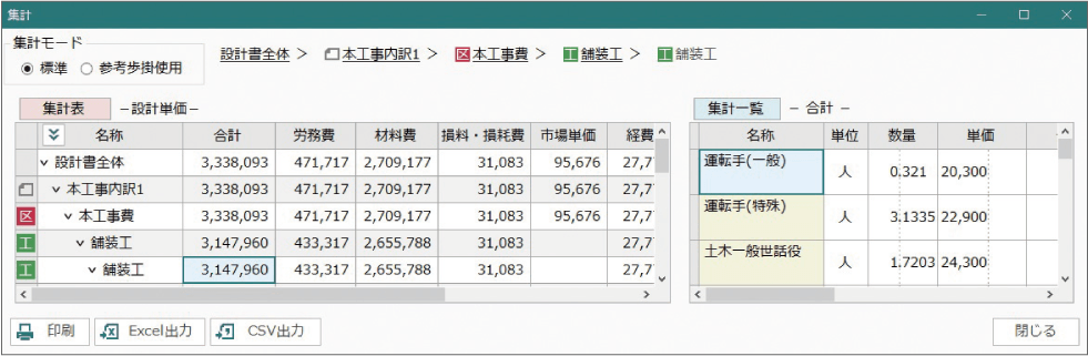 土木積算システム/土木積算ソフト「ゴールデンリバー福井版」は、工種別に機械・労務・材料などを自動集計・一覧表示