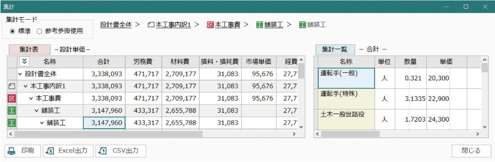 土木積算システム/土木積算ソフト「ゴールデンリバー」は、工種別に機械・労務・材料などを自動集計・一覧表示