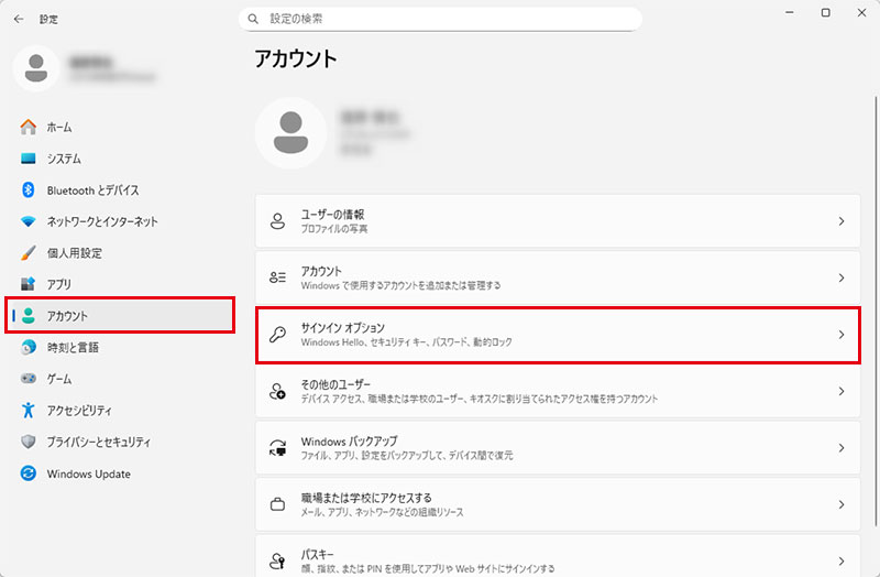 「サインイン オプション」を選択